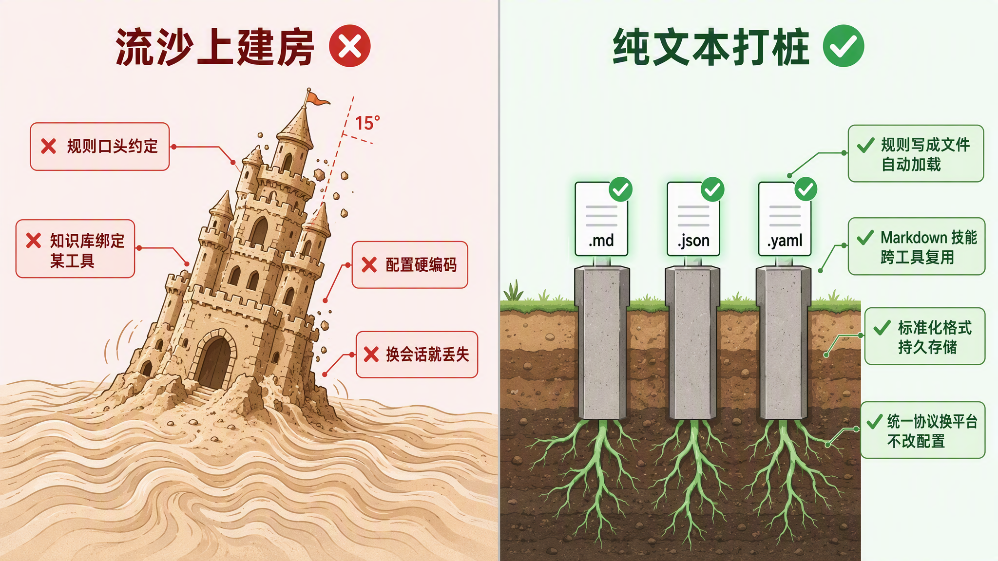 流沙上建房 vs 纯文本打桩：桩基理论对比图